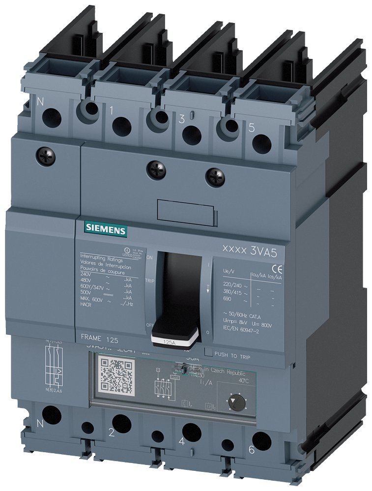 [Imagem DISJUNTOR 3VA5 UL FRAME 125 CLASSE DE CAPACIDADE DE COMUTAÇÃO S 25KA @ 480V D 3VA51204EF410AA0 SIEMENS]