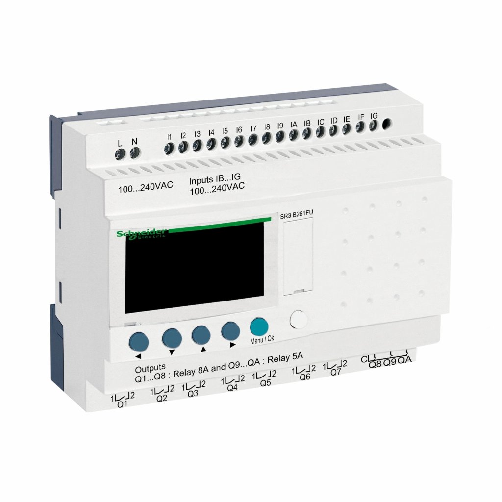 [Imagem RELÉ INTELIGENTE MODULAR COM DISPLAY COM RELÓGIO 16 ENTRADAS/10 SAÍDAS DIGITAIS 100/240 VAC SR3B261FU SCHNEIDER]