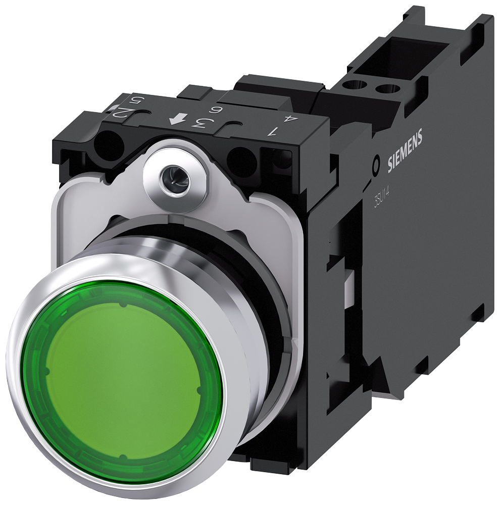 [Imagem do produto BOTÃO METÁLICO ILUMINADO 24V MOLA 1NA+1NF VERDE 3SU11520AB403FA0 SIEMENS]