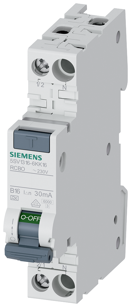 [Imagem DISJUNTOR DIF./AUT. COMPACTO 1P+N 6KA TIPO A 30MA B16 5SV13166KK16 SIEMENS]