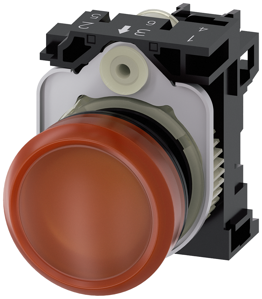 [Imagem do produto SINALIZADOR LUMINOSO, 22MM, REDONDO, PLÁSTICO, ÂMBAR, LENTE, PLANO, 110V CA 3SU11036AA001AA0 SIEMENS]