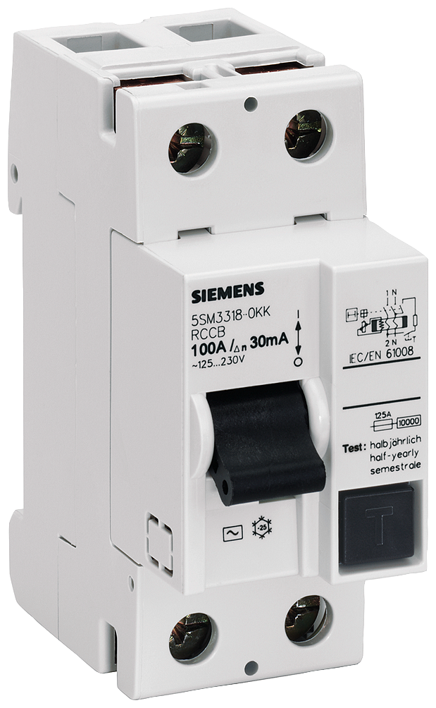 [Imagem DISJUNTOR DE CORRENTE DE FUGA, DE 2 POLOS, TIPO CA, IN: 100 A, 30 MA, UN CA:  5SM33180KK SIEMENS]