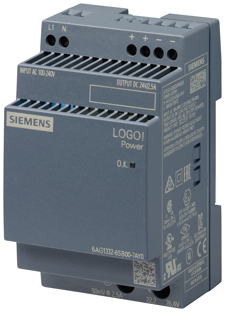 FONTE DE ALIMENTAÇÃO DE CORRENTE SIPLUS LOGO!POWER MONOFÁSICA 24 V CC/2,5 A 6AG13326SB007AY0 SIEMENS