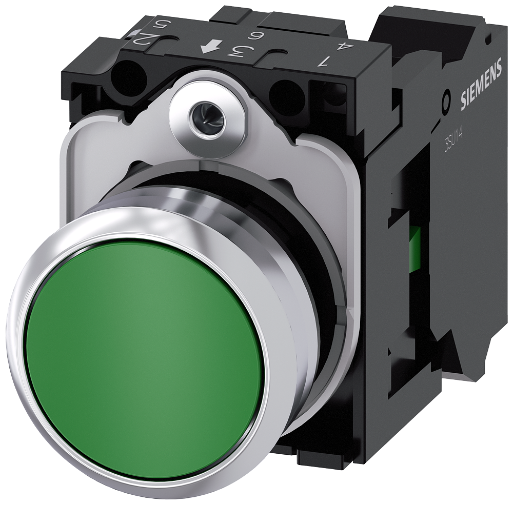 BOTÃO 22 MM REDONDO METAL DE ALTO BRILHO VERDE BOTÃO DE PRESSÃO PLANO, 3SU11500AB403BA0-ZY11 SIEMENS