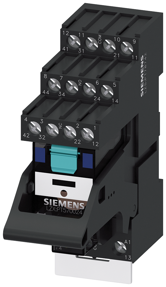 RELÉ DE ENCAIXE CC24V 4CI LED VERDE BASE COM SEPARAÇÃO LÓGICA TERMINAL C LZS:PT5B5L24A SIEMENS