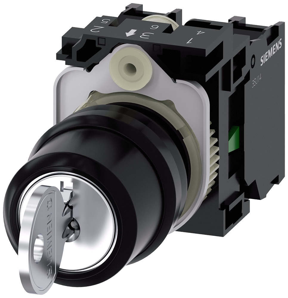 [Imagem do produto INTERRUPTOR DE CHAVE RONIS, 22MM, REDONDO, PLÁSTICO, RETIRADA DA CHAVE I+O+II 3SU11004BL111NA0 SIEMENS]