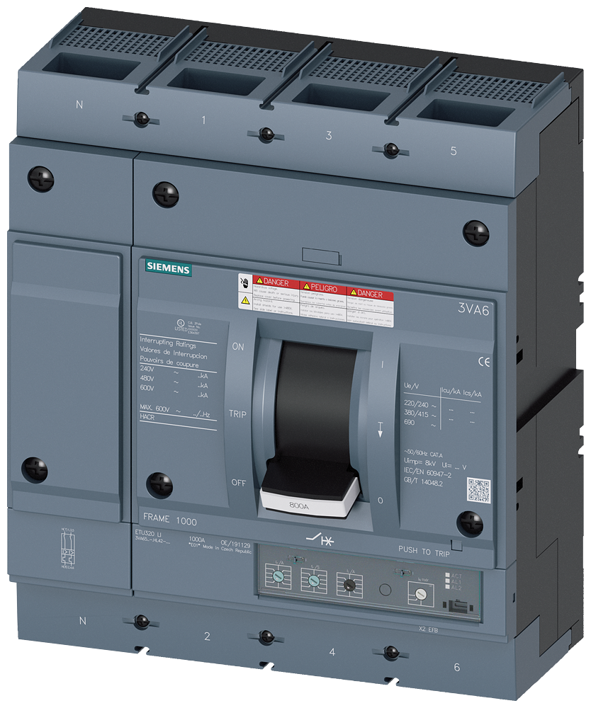 DISJUNTOR UL FRAME 800 600 A DE 4 POLOS 65 KA ETU3 LI CONEXÃO ROSCADA 3VA65606HL420AA0 SIEMENS