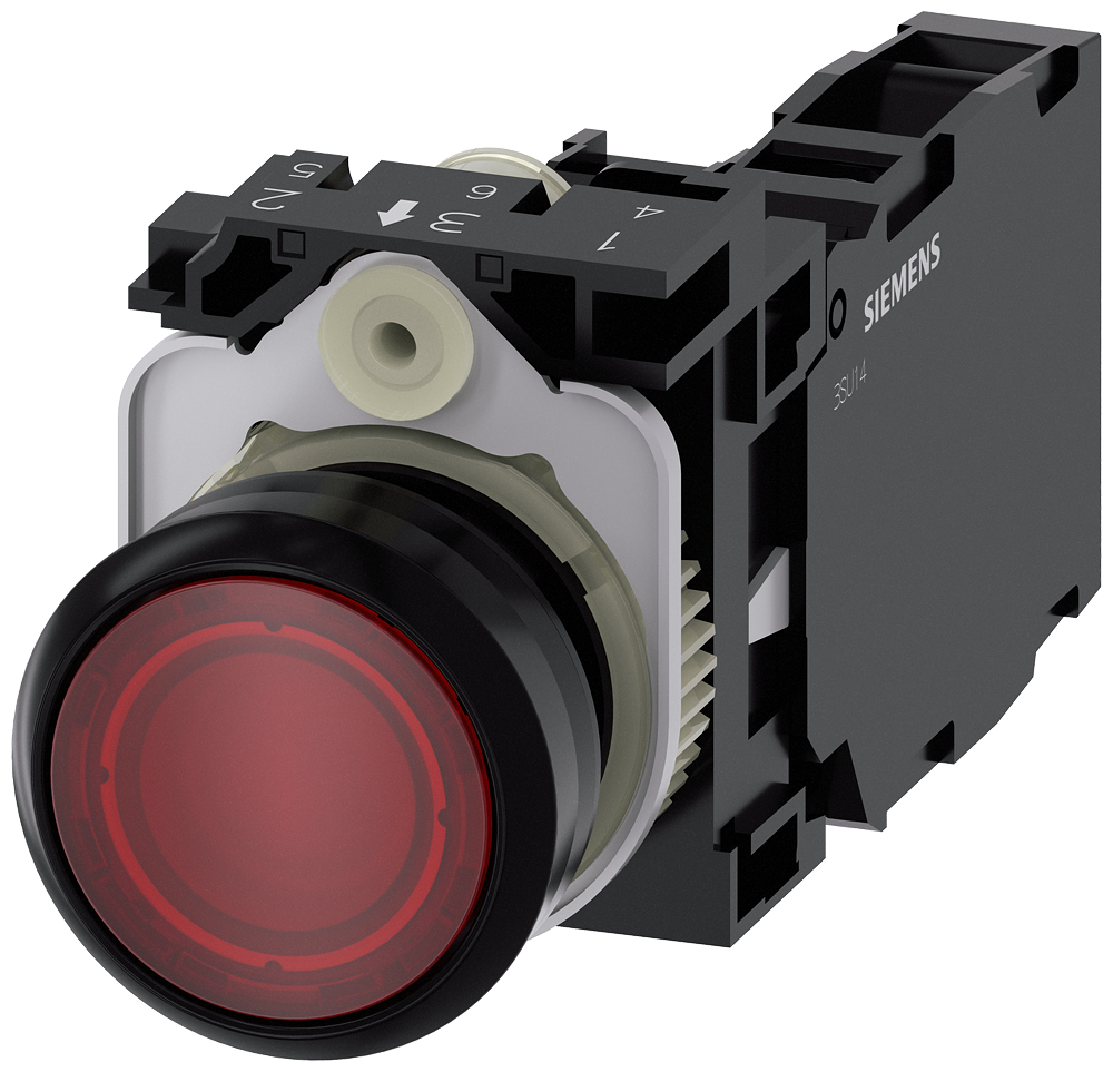 [Imagem do produto BOTÃO DE PRESSÃO, ILUMINADO, 22MM, REDONDO PLÁSTICO, VERMELHO, 1NA+1NF, 24V C 3SU11020AB201FA0 SIEMENS]