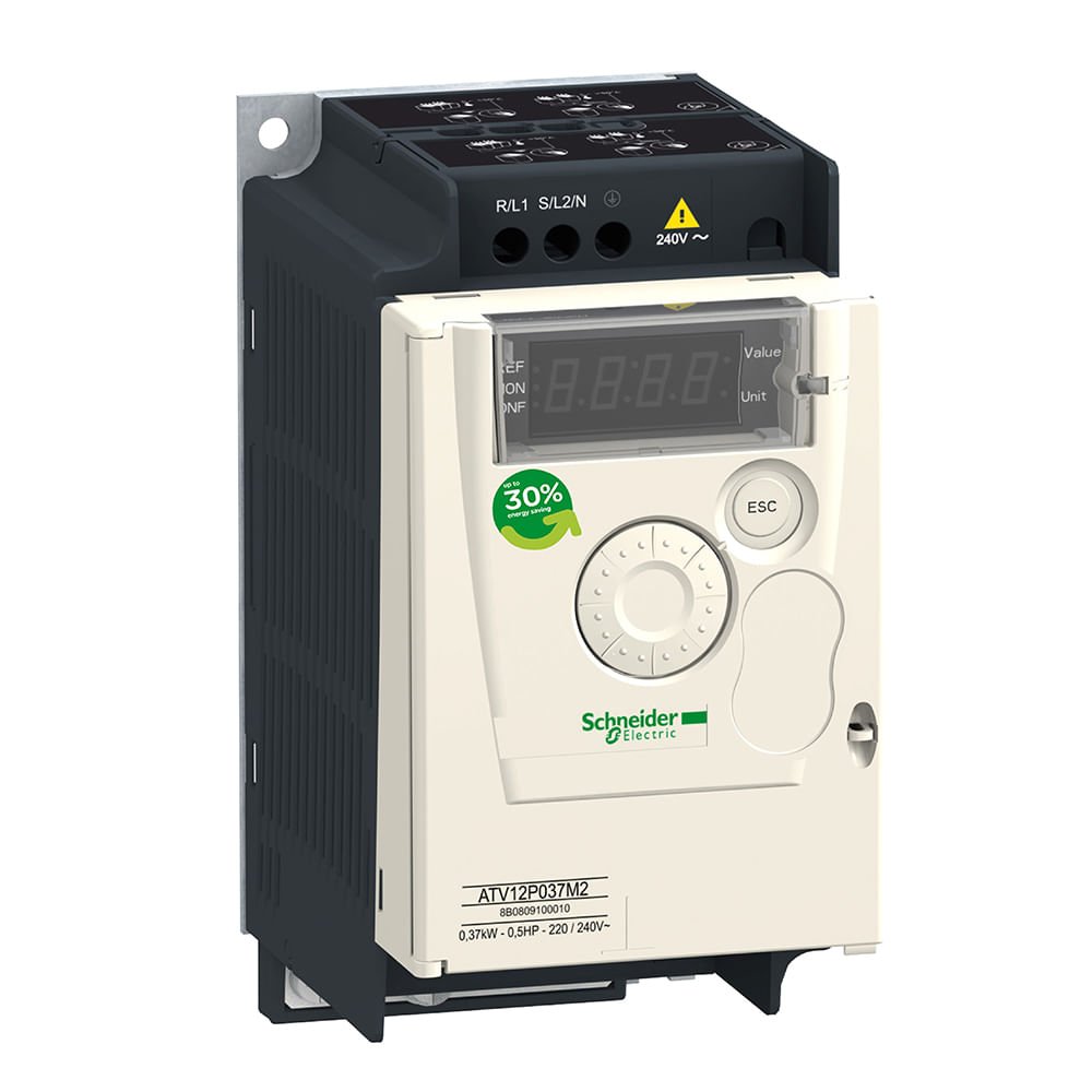 [Imagem INVERSOR DE FREQUÊNCIA MONOFÁSICO 0,37KW 2,4A 200/240V 50/60HZ ATV12P037M2 SCHNEIDER]