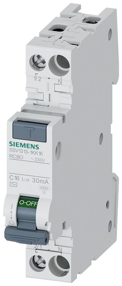 [Imagem DISJUNTOR DIF./AUT. COMPACTO 1P+N 4,5KA TIPO CA 30MA C16 5SV13131KK16 SIEMENS]