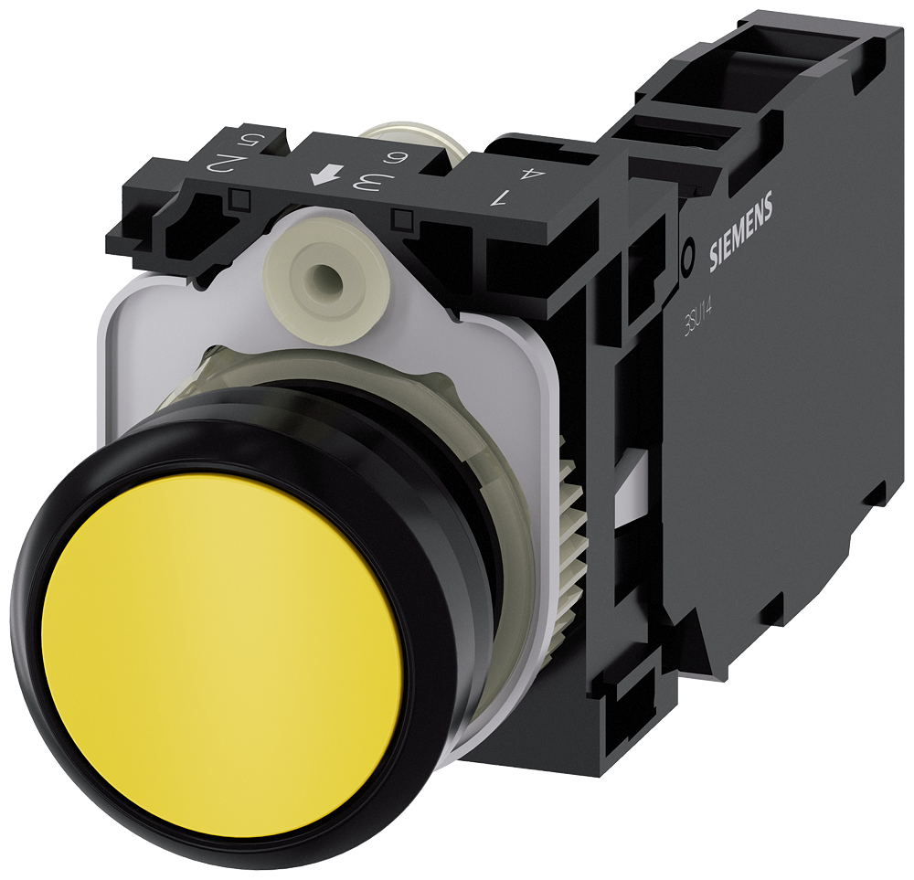 [Imagem do produto BOTÃO DE PRESSÃO, 22MM, REDONDO, PLÁSTICO, AMARELO, BOTÃO DE COMANDO, 1NA+1NF 3SU11000AB301FA0 SIEMENS]