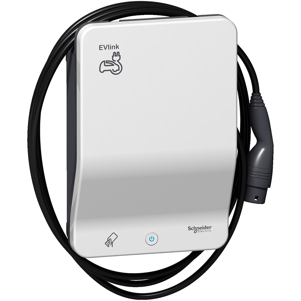 [Imagem CARREGADOR VEICULAR EVLINK SMART WALLBOX - 22 KW - CABO T2 ACOPLADO - RFID SCHNEIDER]