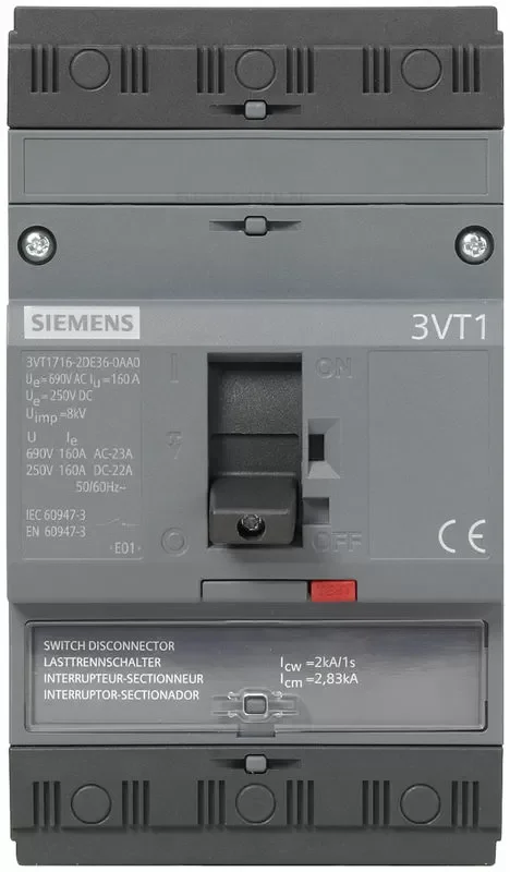[Imagem DISJUNTOR TRIPOLAR 100A 25KA F/F 3VT17102DA360AA0 SIEMENS]