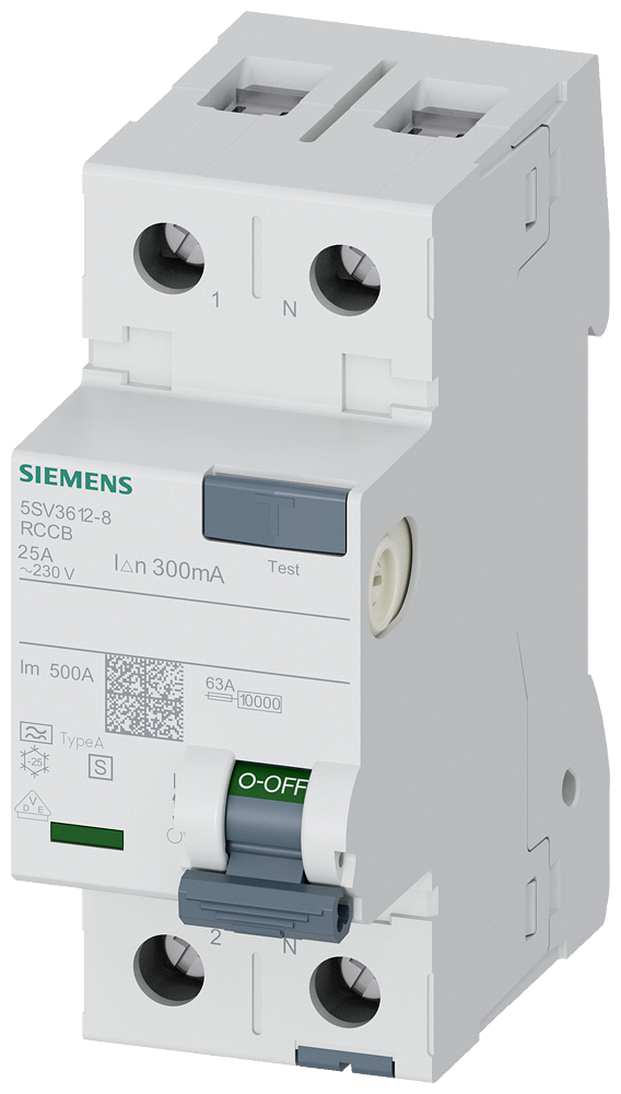[Imagem DISJUNTOR DE CORRENTE DE FUGA, 2 POLOS, TIPO A, SELETIVO, IN: 25 A, 300 MA, U 5SV36128 SIEMENS]