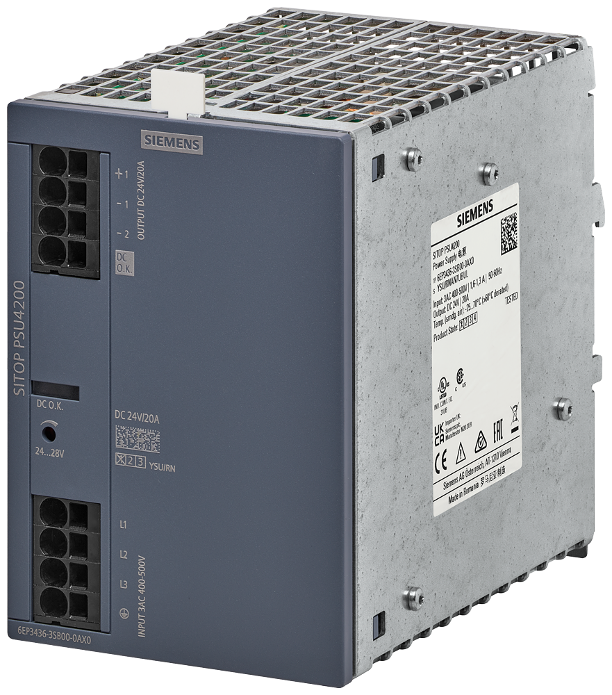 [Imagem do produto ALIMENTAÇÃO DE CORRENTE SITOP PSU4200, TRIFÁSICA 24 V CC/20 A 6EP34363SB000AX0 SIEMENS]