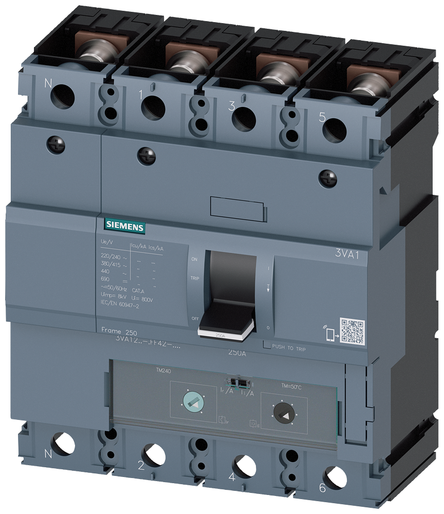 DISJUNTOR IEC FRAME 250 160 A DE 4 POLOS 70 KA TM ATAM CONEXÃO ROSCAD 3VA12166FF420AA0 SIEMENS