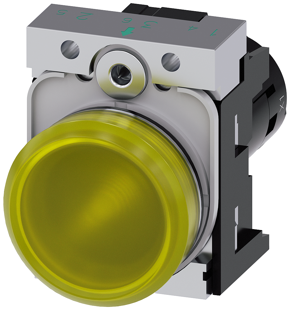 SINALIZADOR LUMINOSO 22MM REDONDO METAL ALTO BRILHO AMARELO LENTE PLAN 3SU12516AF301AA0 SIEMENS