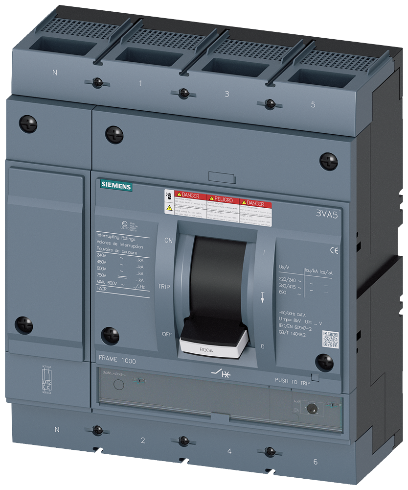 DISJUNTOR UL FRAME 800 800 A DE 4 POLOS 100 KA TM FTAM CONEXÃO ROSCAD 3VA55807EC422AA0 SIEMENS