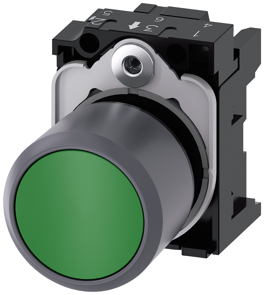 BOTÃO DE PRESSÃO 22MM REDONDO PLÁSTICO COM ANEL FRONTAL DE METAL VERDE 3SU12300EB400AA0 SIEMENS