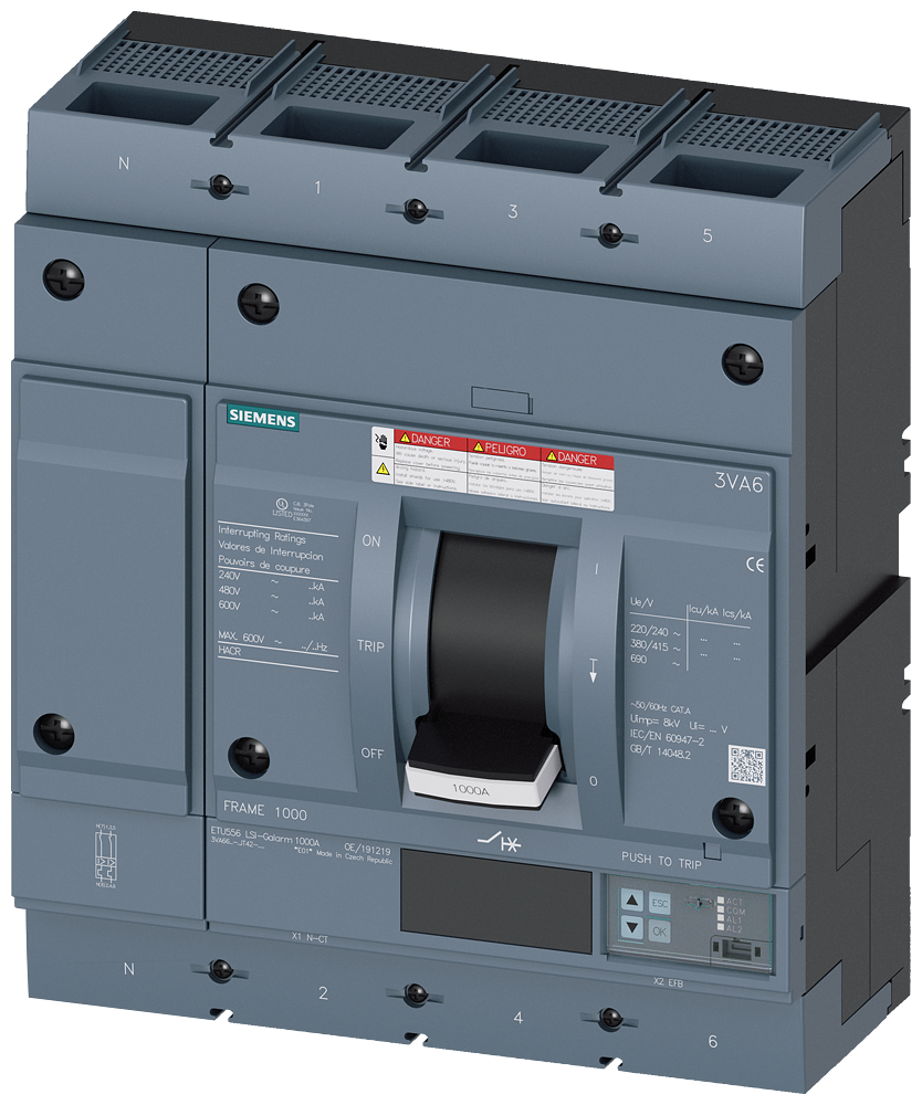 DISJUNTOR UL FRAME 1000 1000 A DE 4 POLOS 35 KA ETU5 LSI CONEXÃO ROSC 3VA66105JT420AA0 SIEMENS