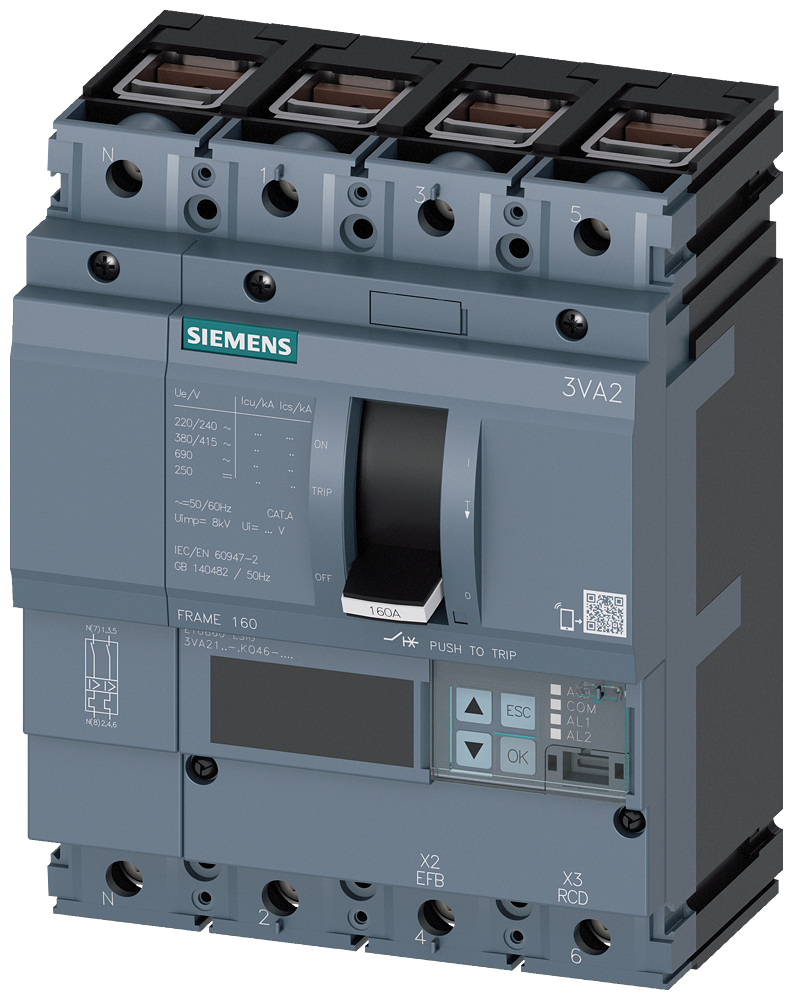 DISJUNTOR IEC FRAME 160 160 A DE 4 POLOS 150 KA ETU8 LSIG LIGAÇÃO DE 3VA21168KQ460AA0 SIEMENS