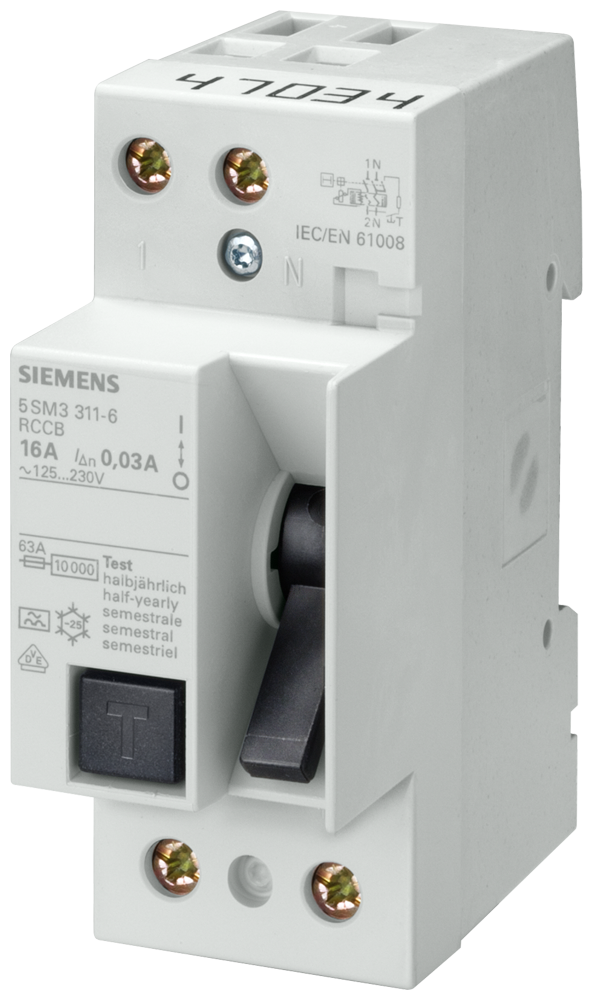 [Imagem DISJUNTOR DE CORRENTE DE FUGA, DE 2 POLOS, TIPO CA, IN: 125 A, 30 MA, UN CA:  5SM33150KK SIEMENS]