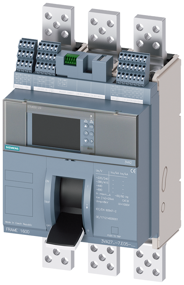 [Imagem DISJUNTOR COM ALAVANCA BASCULANTE COMPACTO DE MONTAGEM FIXA FRAME 1600; 4AUX ... 3VA27805CE050AA0 SIEMENS]