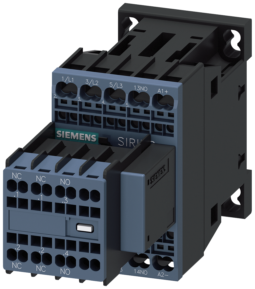 CONTATOR AC-3E 9 A/4 KW/400V 3 POLOS DC24V 2NA+2NF BORNE DE MOLA 3RT20162DB44 SIEMENS