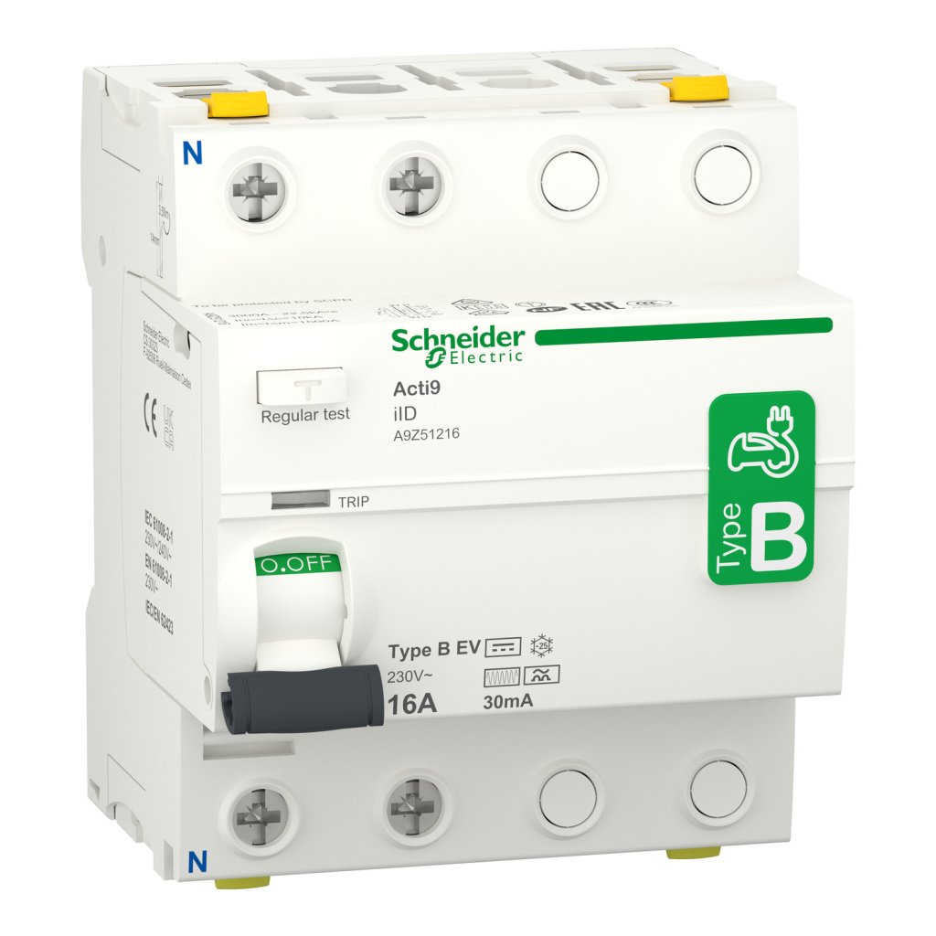 [Imagem do produto ACTI9 IID RESIDUAL CURRENT CIRCUIT BREAKER 2P 16A 30MA B EV TYPE A9Z51216 SCHNEIDER]