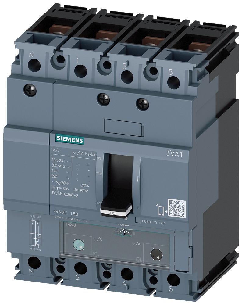 DISJUNTOR IEC FRAME 160 63 A DE 4 POLOS 55 KA TM ATAM CONEXÃO ROSCADA 3VA11635EF420AA0 SIEMENS