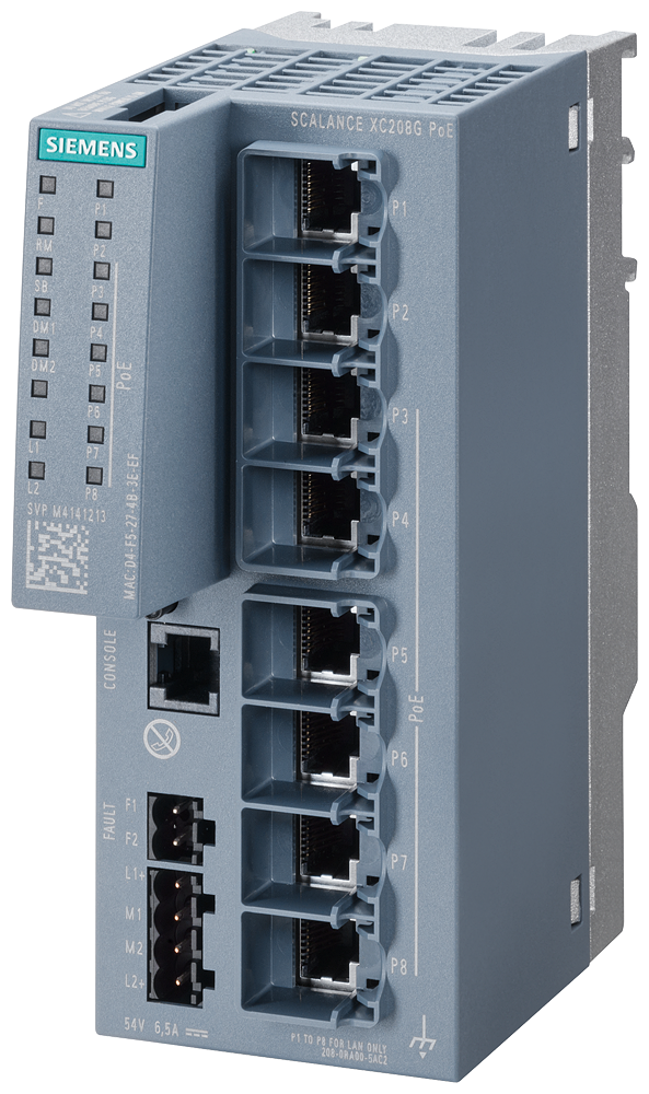 [Imagem SCALANCE XC208G POE (CC 54 V), SWITCH GER. CAMADA 2, 6X RJ45 POE, 2X RJ45 6GK52080RA005AC2 SIEMENS]