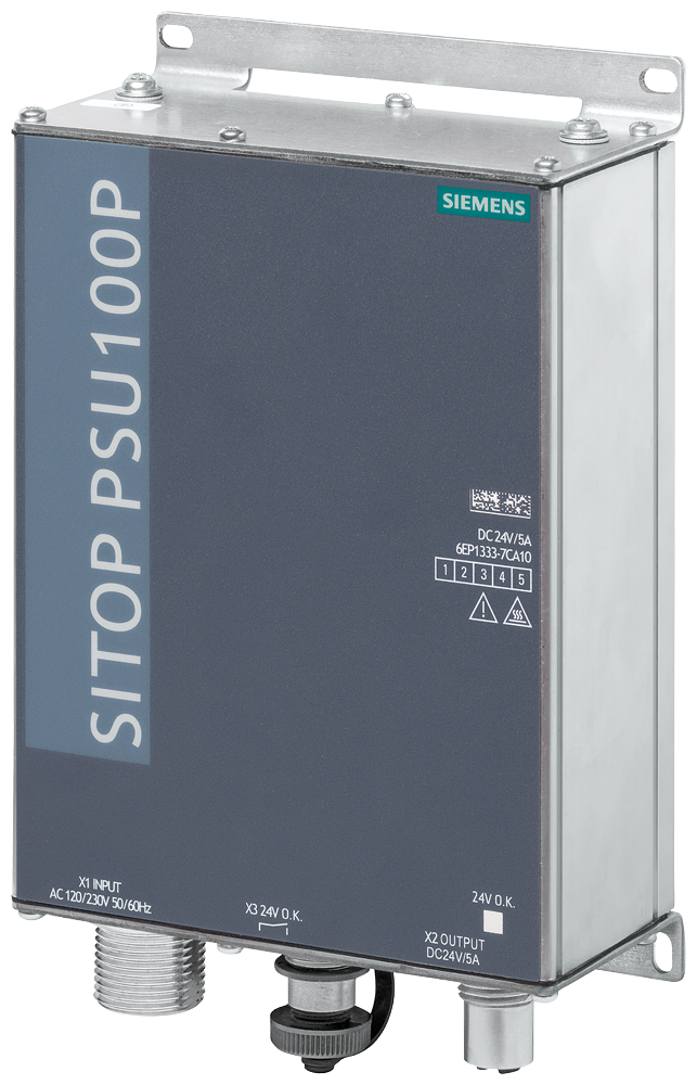 [Imagem ALIMENTAÇÃO CORRENTE SITOP PSU100P, MONOFÁSICA CC 24 V/5 A C/ IP67 P/ FIX.PAREDE 6EP13337CA10 SIEMENS]