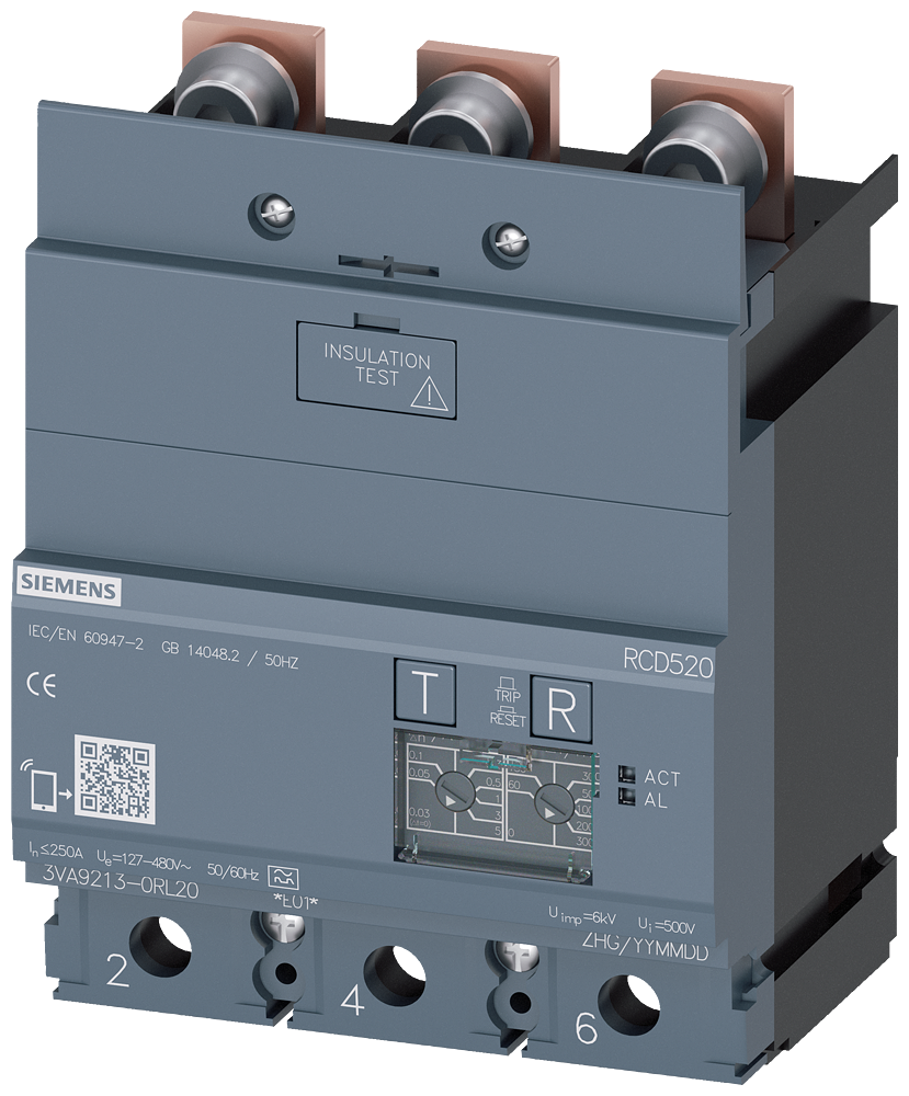 [Imagem UNIDADE DE CORRENTE RESIDUAL RCD520 BASIC RCD TIPO A MONTADA EMBAIXO 3VA92130RL20 SIEMENS]