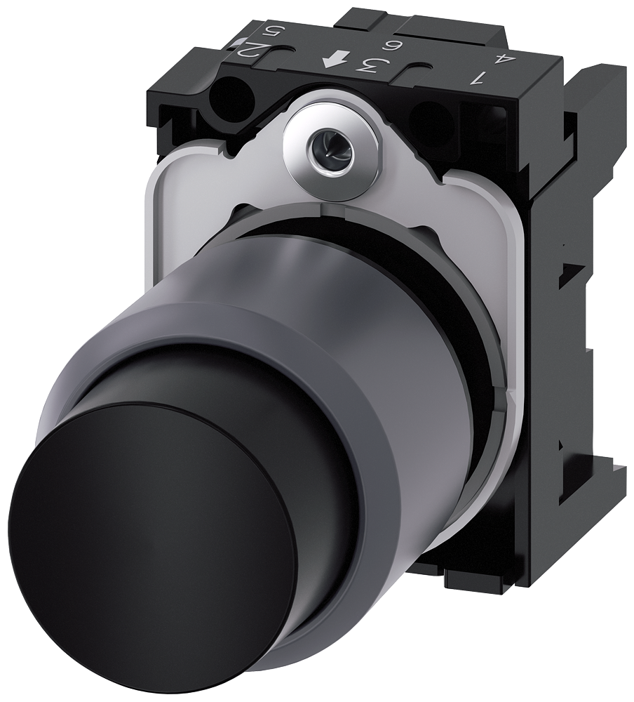 BOTÃO DE PRESSÃO 22MM REDONDO PLÁSTICO COM ANEL FRONTAL DE METAL PRETO 3SU12300FB100AA0 SIEMENS