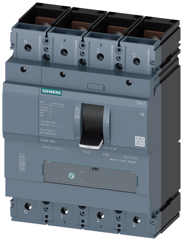 DISJUNTOR IEC FRAME 630 630 A DE 4 POLOS 55 KA TM ATFM CONEXÃO ROSCAD 3VA14635GE420AA0 SIEMENS