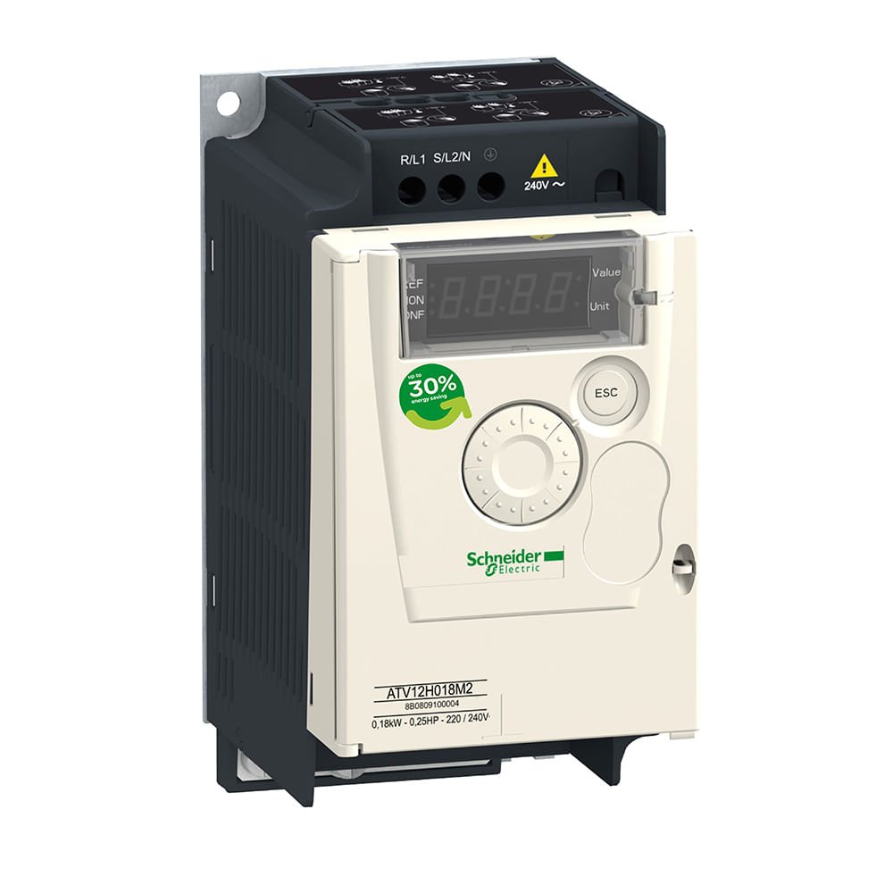 [Imagem INVERSOR DE FREQUÊNCIA MONOFÁSICO 0,18KW 1,4A 200/240V 50/60HZ ATV12H018M2 SCHNEIDER]