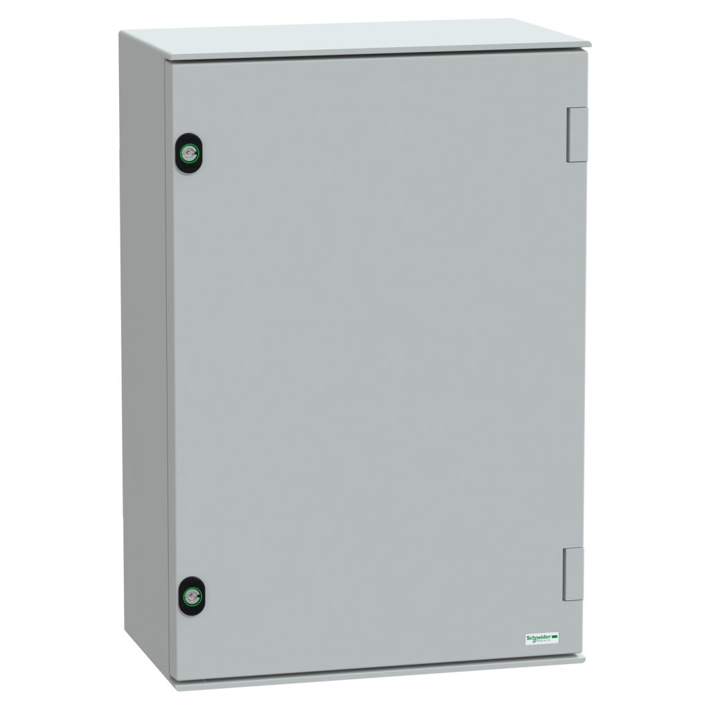 [Imagem CAIXA DE PAREDE EM POLIÉSTER THALASSA PLM PORTA LISA 647X436X250MM IP66 IK10 RAL 7035 NSYPLM64G SCHNEIDER]
