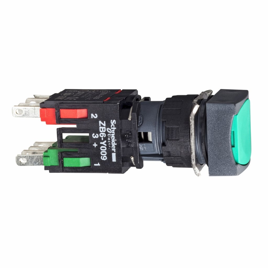 [Imagem BOTÃO 16MM PLÁSTICO A IMPULSÃO QUADRADO NORMAL VERDE 1NA 1NF XB6CA35B SCHNEIDER]