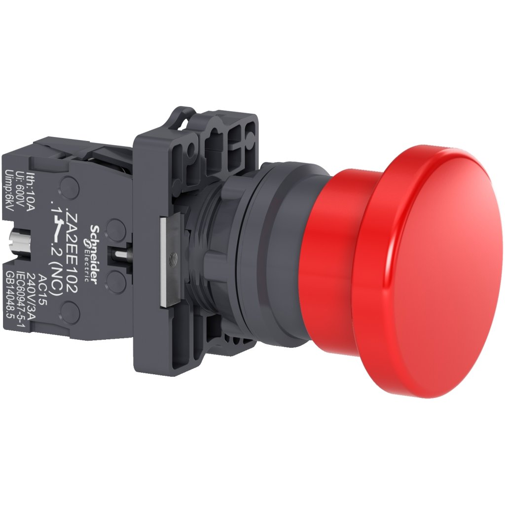[Imagem BOTÃO Ø22MM PLÁSTICO RETORNO POR MOLA COGUMELO Ø40 VERMELHO NF XA2EC42 SCHNEIDER]