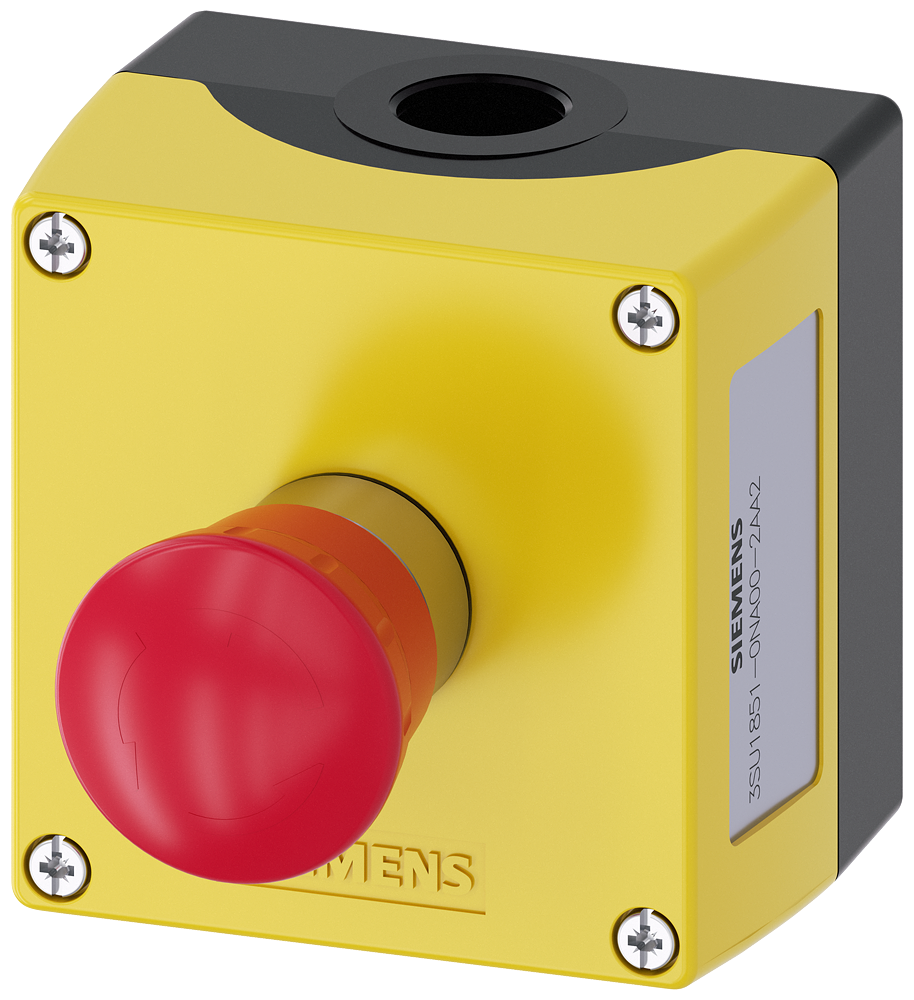 [Imagem BOTOEIRA MONTAGEM METÁLICO PRETO PARADA DE EMERGÊNCIA 1 BOTÃO 1NF 3SU18510NA002AA2 SIEMENS]