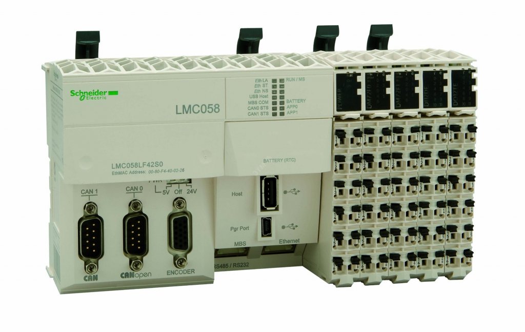 [Imagem CONTROLADOR LÓGICO PROGRAMÁVEL DE MOVIMENTO 8 EIXOS 26 ENTRADAS / 16 SAÍDAS SOURCE (PNP) MODBUS/CANOPEN/CANMOTION/ETHERNET IP 24 VDC LMC058LF424 SCHNEIDER]