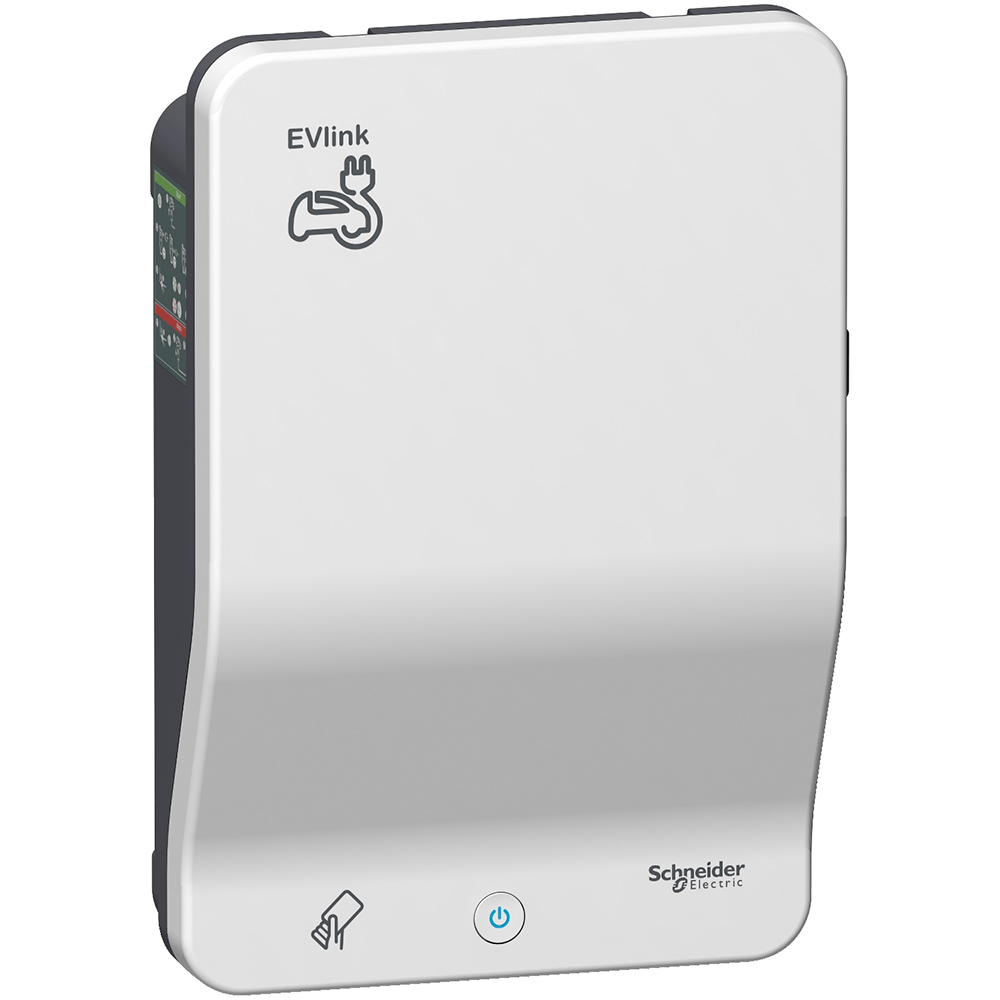 [Imagem CARREGADOR VEICULAR EVLINK SMART WALLBOX - 22 KW - T2S + TOMADA DOMÉSTICA 10A - RFID SCHNEIDER]