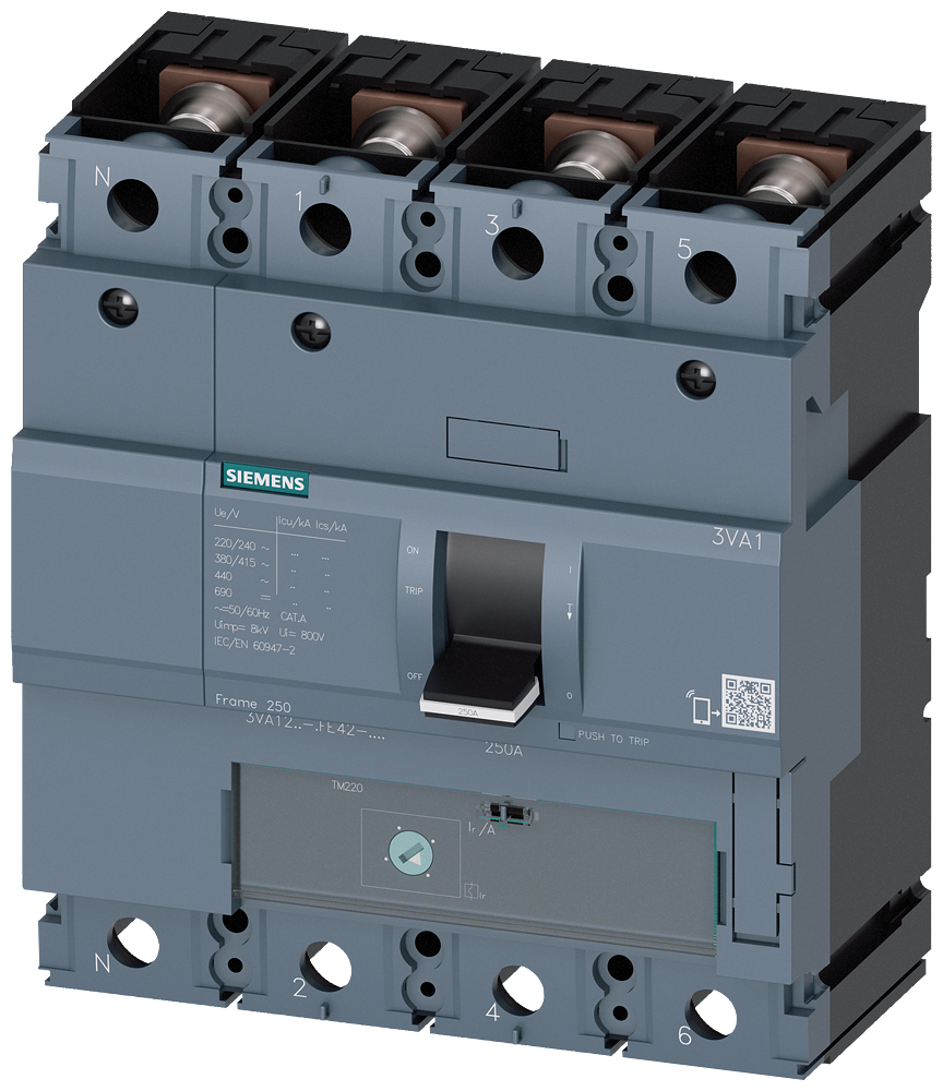 DISJUNTOR IEC FRAME 250 200 A DE 4 POLOS 55 KA TM ATFM CONEXÃO ROSCAD 3VA12205GE420AA0 SIEMENS