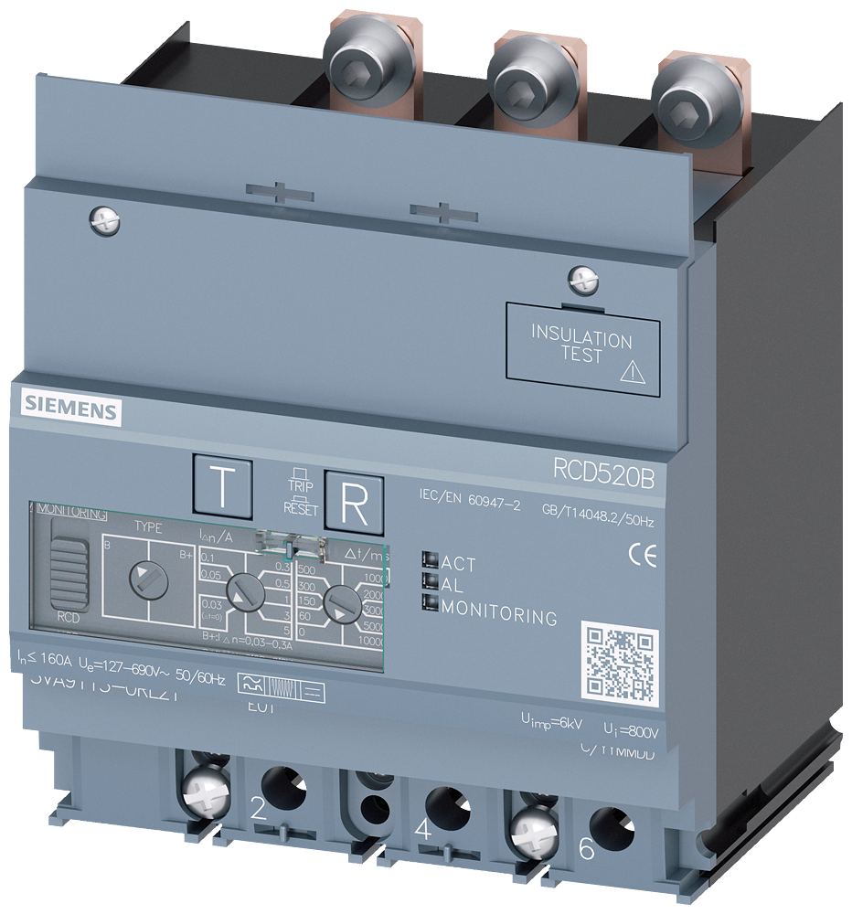 [Imagem UNIDADE DE CORRENTE RESIDUAL RCD520B BASIC RCD TIPO B OU B+ MONTADO EMBAIXO 3VA91130RL21 SIEMENS]