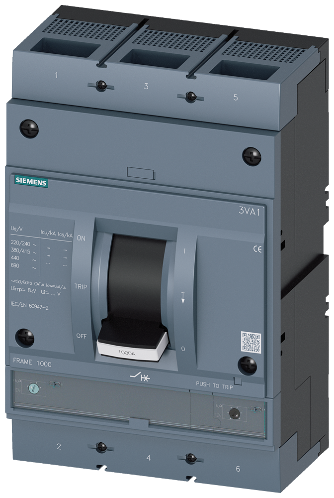 DISJUNTOR IEC FRAME 1000 800 A DE 3 POLOS 70 KA TM ATAM CONEXÃO ROSCA 3VA15806EF320BH0 SIEMENS