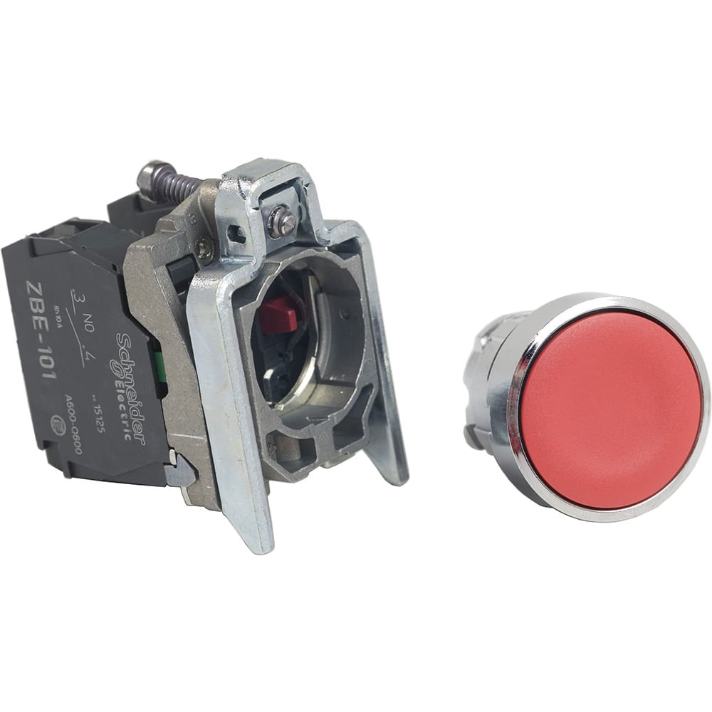 [Imagem BOTÃO Ø22MM METÁLICO, RETORNO POR MOLA, VERMELHO, NA+NF XB4BA45 SCHNEIDER]