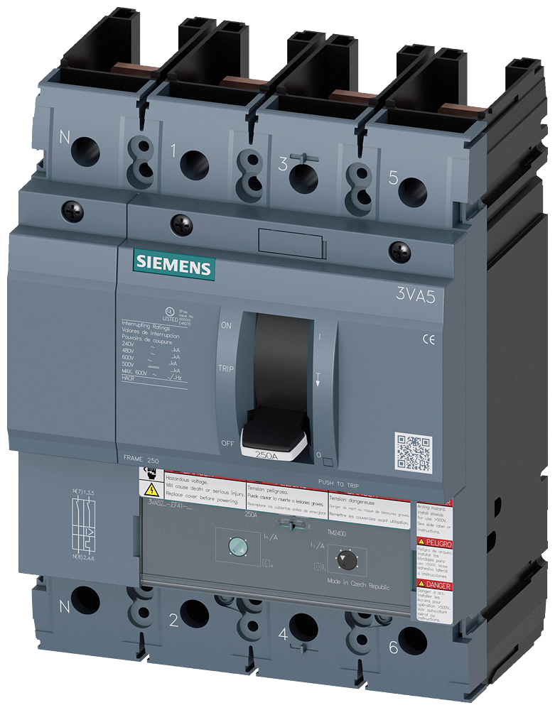 DISJUNTOR UL FRAME 250 200 A DE 4 POLOS 35 KA TM ATAM SEM CONEXÃO 3VA52205GF412AA0 SIEMENS