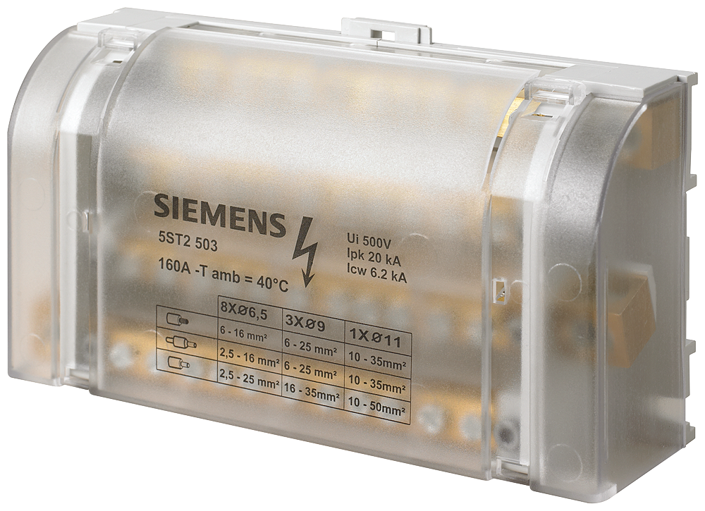 [Imagem BLOCO DISTRIBUIDOR TETRAPOLAR 160A 500V ENTRADA 1X10-35MM² SAÍDA 3X6-25+ 5ST2503 SIEMENS]