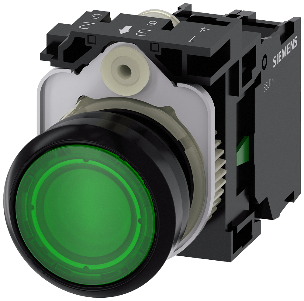 [Imagem BOTÃO DE PRESSÃO ILUMINADO 22MM REDONDO PLÁSTICO VERDE 3SU11020AB401BA0 SIEMENS]