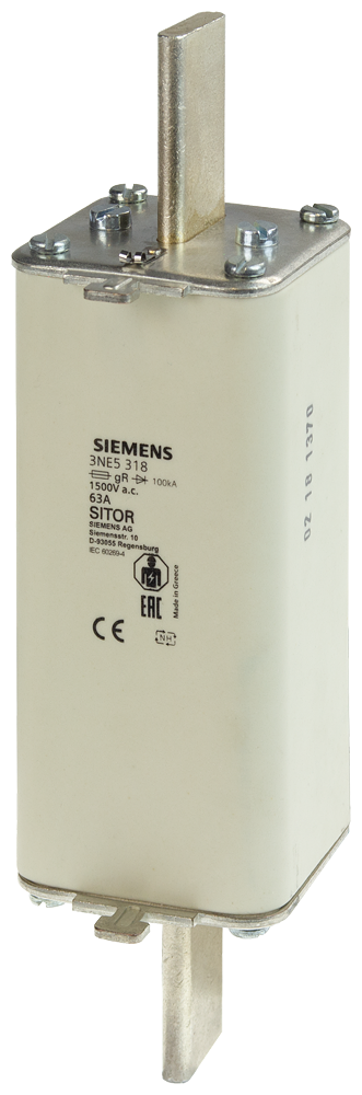 ELEMENTO DE FUSÍVEL SITOR IN: 63 A GR UN CA: 1500 V UN CC: 250 V 3NE5318 SIEMENS